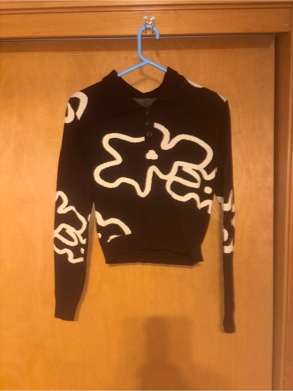 Cider Black & White Abstract Floral Knit Long Sleeve Polo Sweater Top Small
